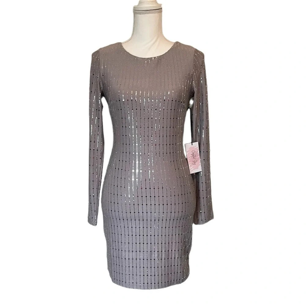 Crystal Sky Gray Metallic Style Long Sleeve Open Back Dress Women’s Small NWT